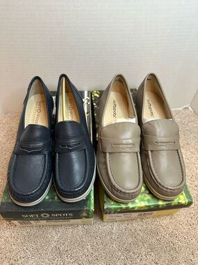 (2) pairs of Softspots Two-Tone Penny Loafers in Navy and Taupe, New in Box